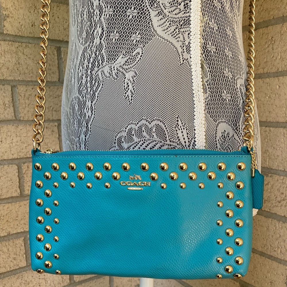 Coach Quinn Teal Blue Metal Bubble Studded Soft Leather Small Crossbody Purse - Picture 15 of 17